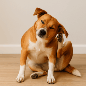 Cachorro de porte médio e pelagem marrom e branca coçando a orelha com a pata traseira, sentado no chão de madeira, sinal comum de otite canina.